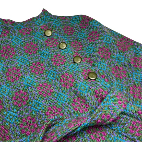 Welsh Woollens 70s Wool Cape Jacquard Green Pink One Size - Picture 2 of 4